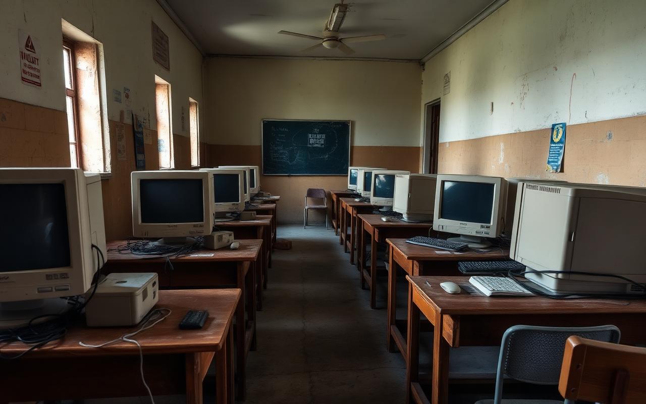Avant — Salle vétuste avec ordinateurs CRT obsolètes
