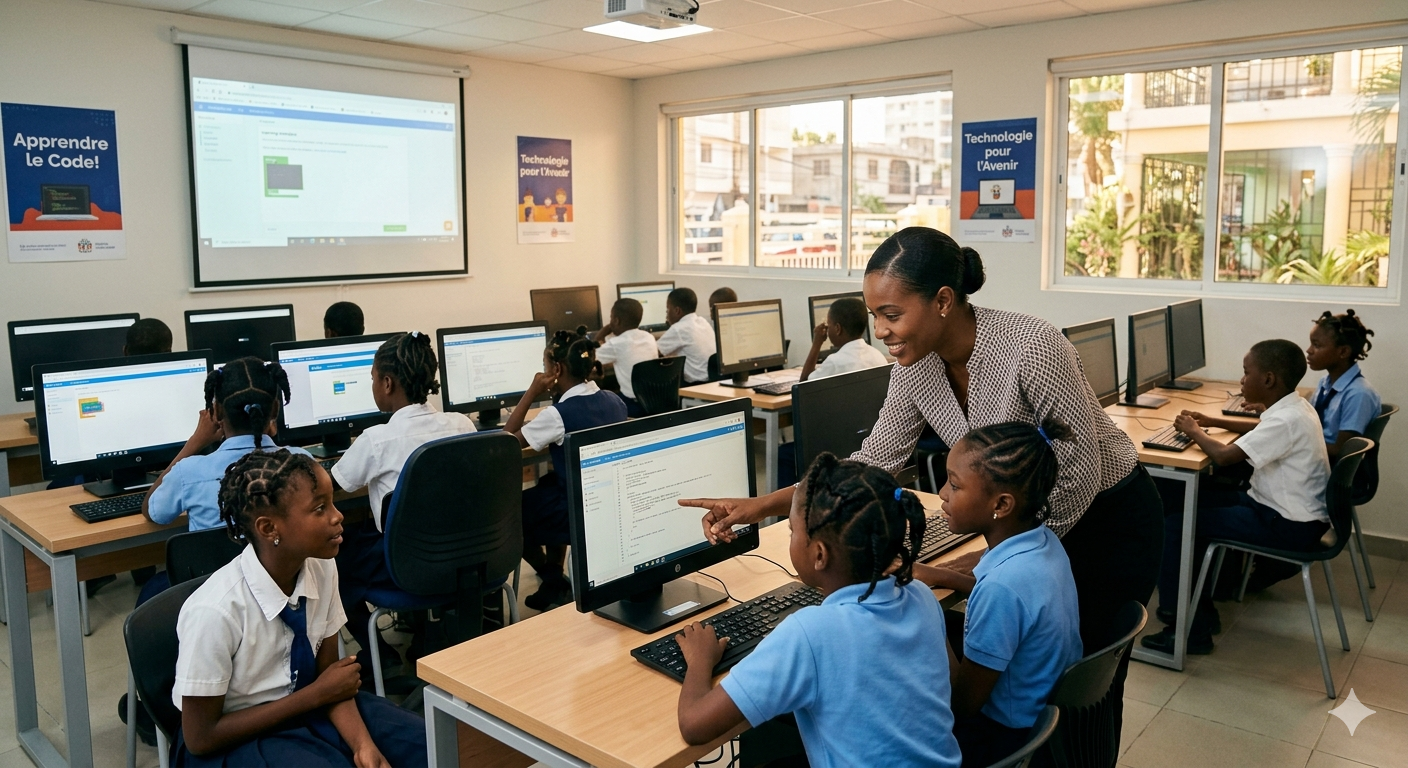 Enseignante accompagnant des élèves dans le laboratoire informatique Dofitek